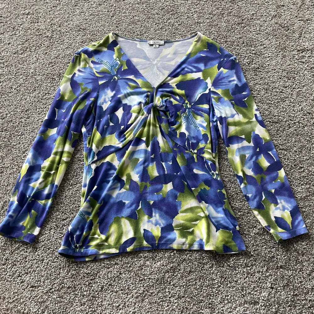 Y2K Cache Blouse Womens L Blue Green Floral V Neck Ruched Long Sleeve Top Jersey